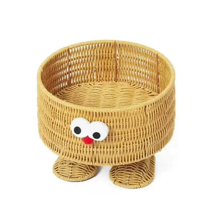 발을 가진 귀여운 만화 둥근 등나무 보기 저장 바구니